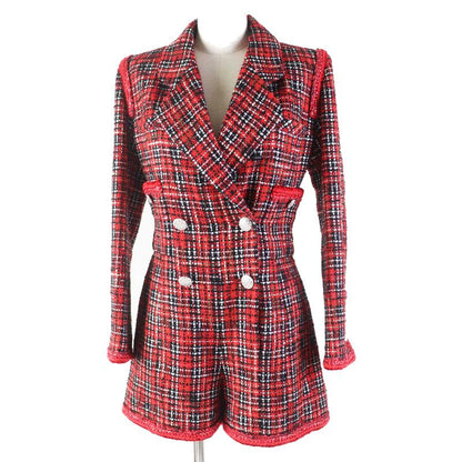 CHANEL 20S P64165 Runway Wear Silk Tweed Jumpsuit With Coco Mark Buttons Red