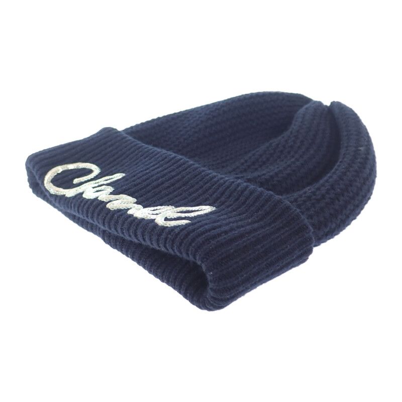 Chanel Logo Knit Cap Aa8313 Knit Cap Cashmere Black Ladies Men's [A Rank]