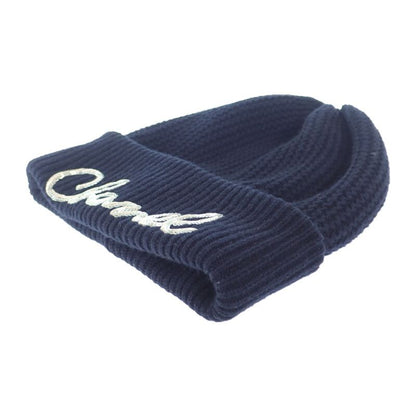 Chanel Logo Knit Cap Aa8313 Knit Cap Cashmere Black Ladies Men's [A Rank]