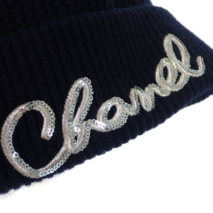 Chanel Logo Knit Cap Aa8313 Knit Cap Cashmere Black Ladies Men's [A Rank]