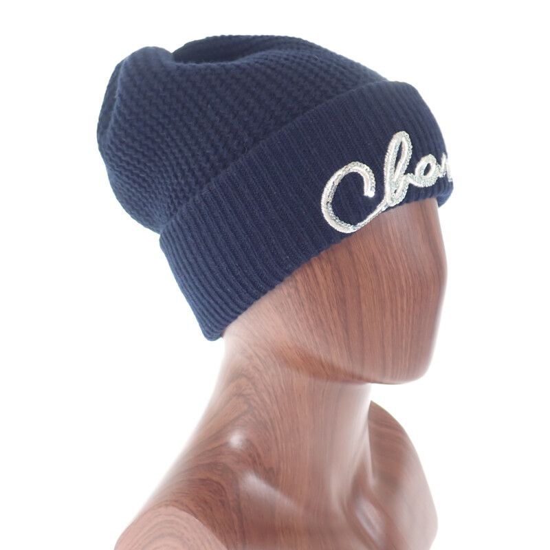 Chanel Logo Knit Cap Aa8313 Knit Cap Cashmere Black Ladies Men's [A Rank]