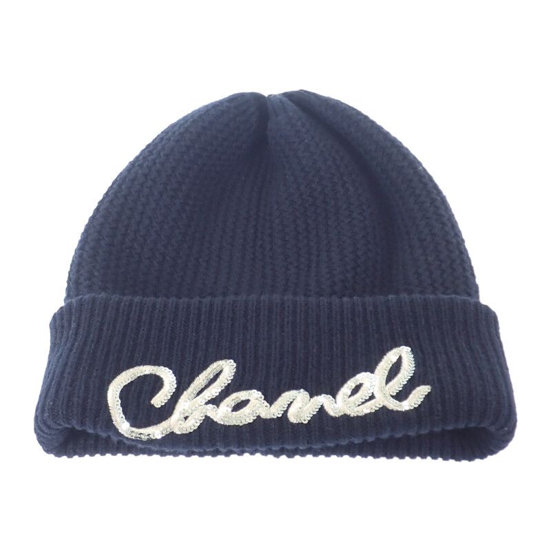 Chanel Logo Knit Cap Aa8313 Knit Cap Cashmere Black Ladies Men's [A Rank]