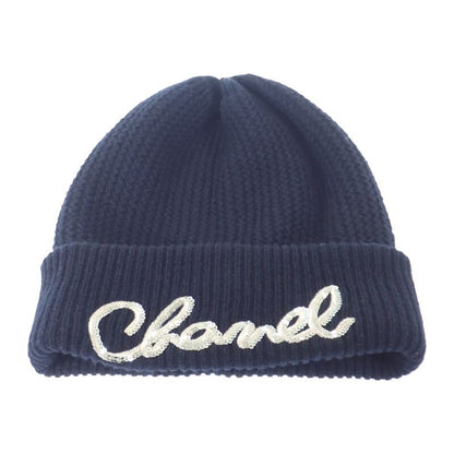 Chanel Logo Knit Cap Aa8313 Knit Cap Cashmere Black Ladies Men's [A Rank]