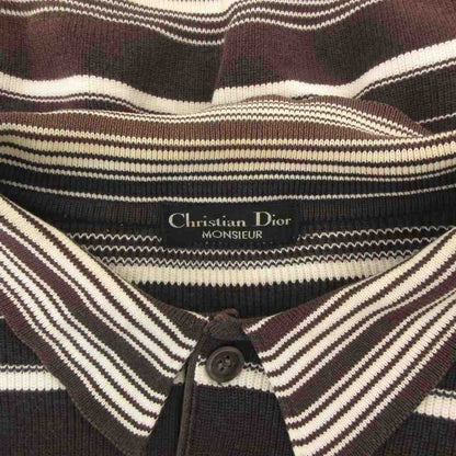 Christian DIOR Knit Polo Shirt Striped Short Sleeve Brown Ibo81 FF