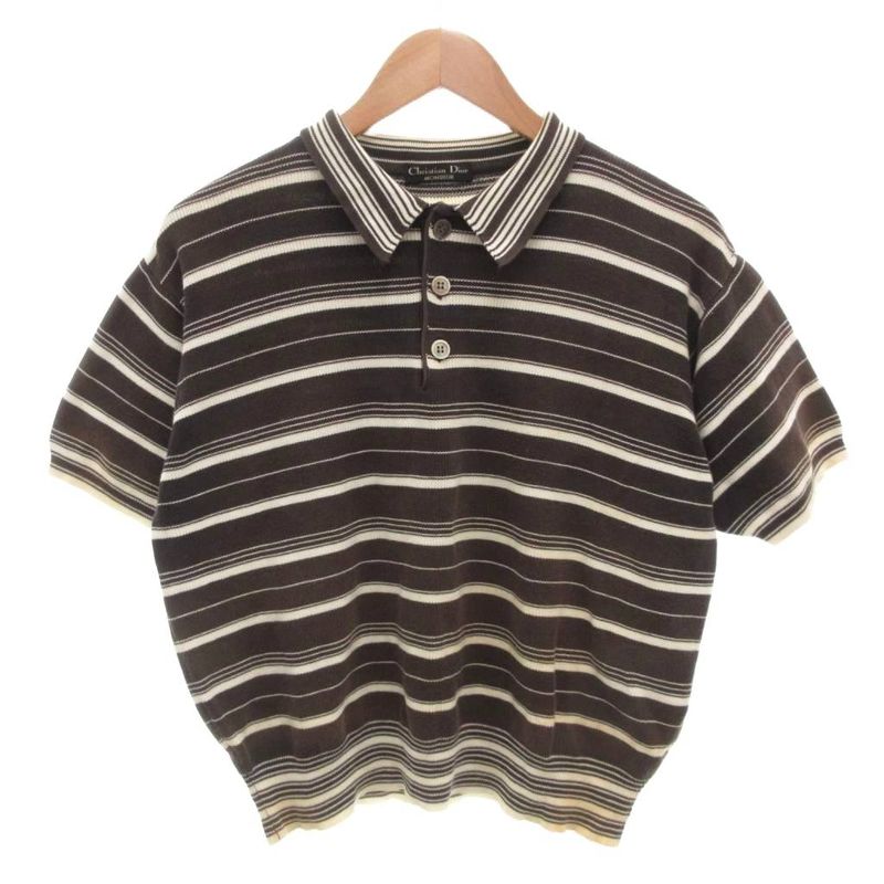 Christian DIOR Knit Polo Shirt Striped Short Sleeve Brown Ibo81 FF
