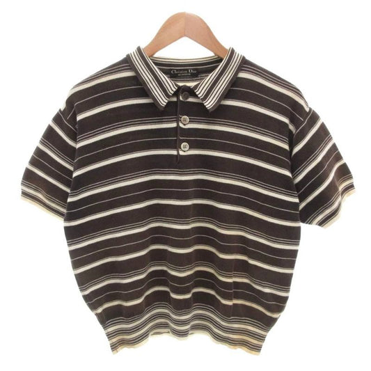 Christian DIOR Knit Polo Shirt Striped Short Sleeve Brown Ibo81 FF