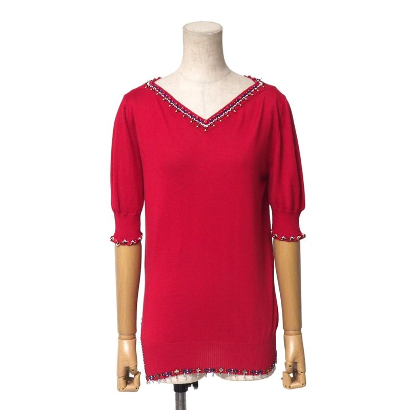 Louis Vuitton Knit Size M Cashmere Silk Short Sleeves Sweater Beaded Decoration
