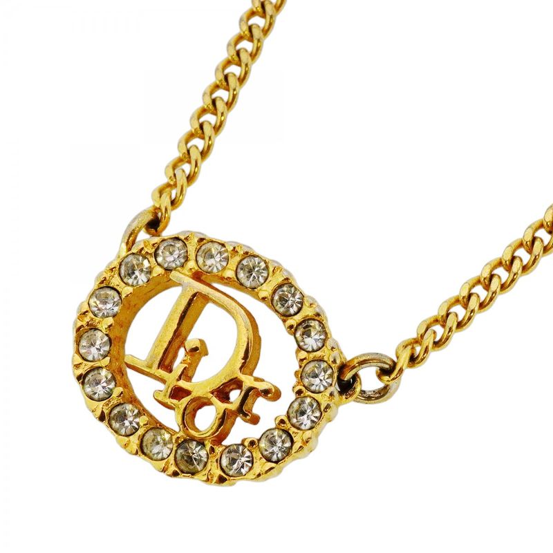 Christian Dior Necklace Dior Logo Oval GP Plated Rhinestone Gold Ladies