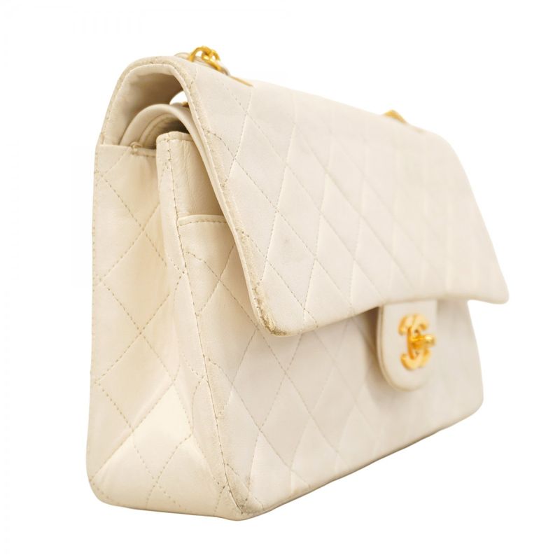 Chanel Shoulder Bag Matelasse Lambskin White Gold Hardware Women