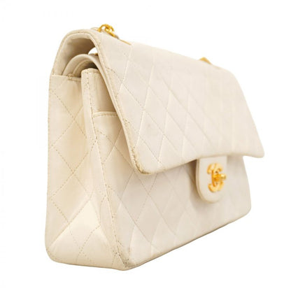 Chanel Shoulder Bag Matelasse Lambskin White Gold Hardware Women