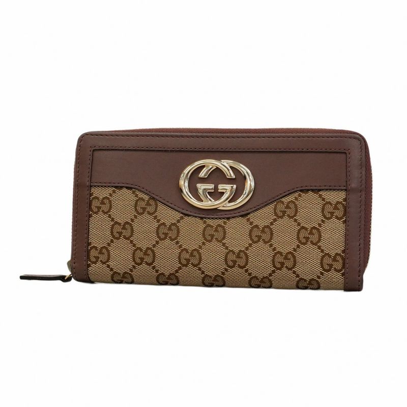 Gucci Long Wallet GG Canvas 308012 Canvas Leather Brown Beige Chien Pan Gold