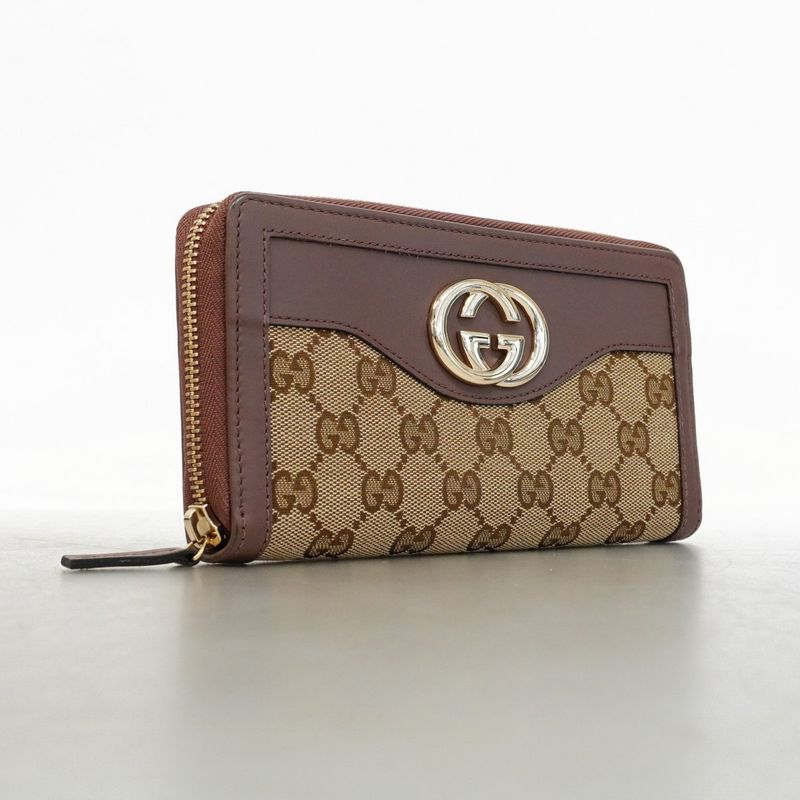Gucci Long Wallet GG Canvas 308012 Canvas Leather Brown Beige Chien Pan Gold