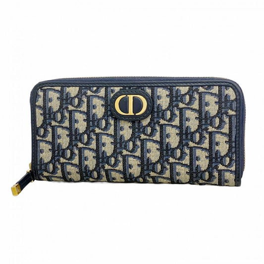 Christian Dior Long Wallet Oblique Canvas Navy Gold Hardware Women