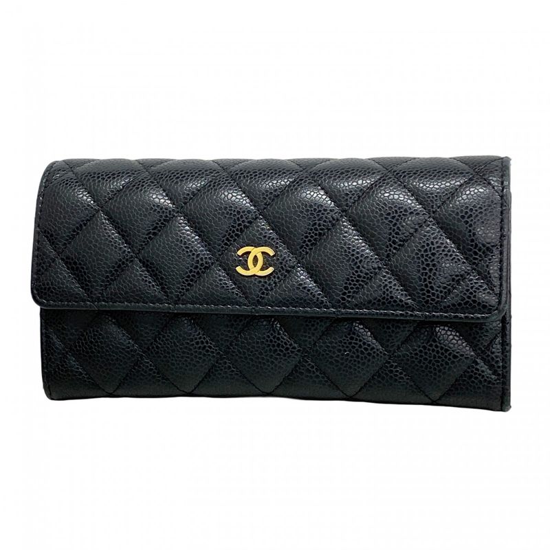 Chanel Long Wallet Matelasse Caviar Skin Black Gold Hardware Women