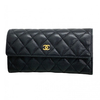 Chanel Long Wallet Matelasse Caviar Skin Black Gold Hardware Women