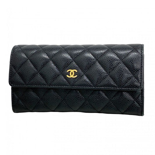 Chanel Long Wallet Matelasse Caviar Skin Black Gold Hardware Women
