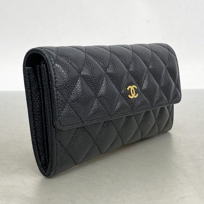 Chanel Long Wallet Matelasse Caviar Skin Black Gold Hardware Women