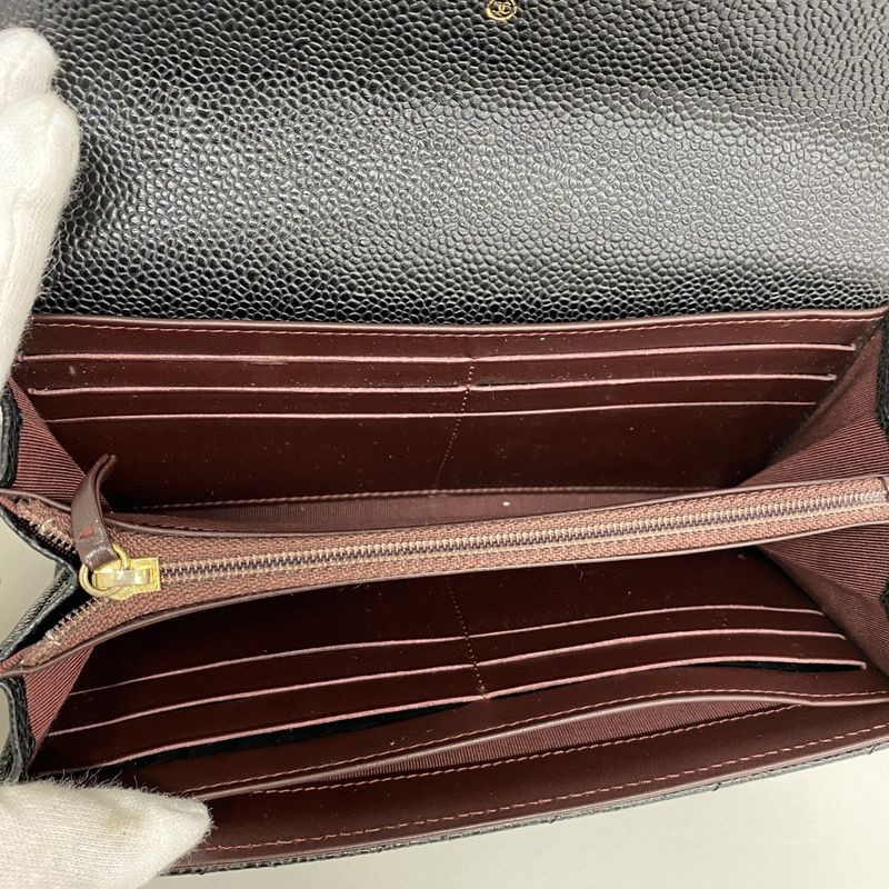 Chanel Long Wallet Matelasse Caviar Skin Black Gold Hardware Women