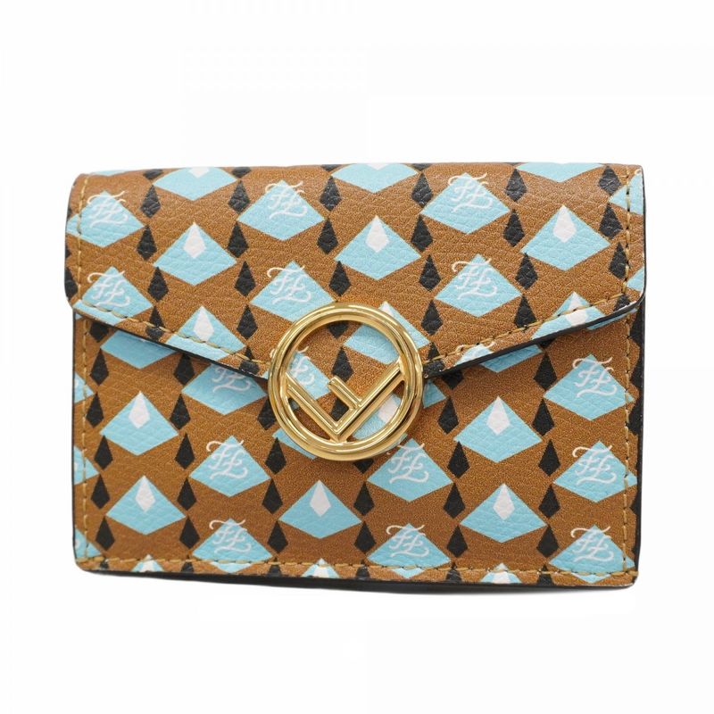 Fendi Trifold Wallet F Is Leather Brown Blue Gold Hardware Women's