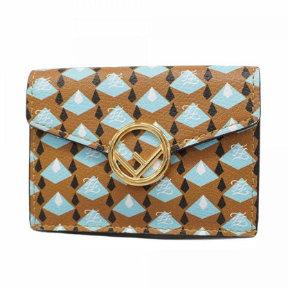 Fendi Trifold Wallet F Is Leather Brown Blue Gold Hardware Women's