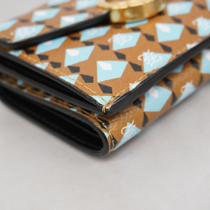 Fendi Trifold Wallet F Is Leather Brown Blue Gold Hardware Women's
