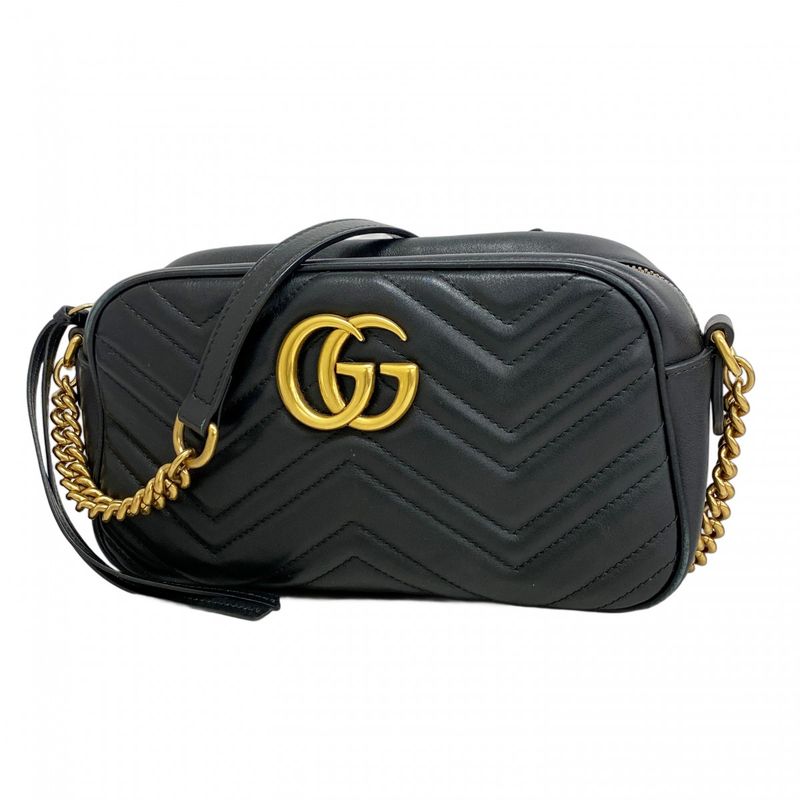 Gucci Shoulder Bag GG Marmont 447632 Leather Black Gold Hardware Women