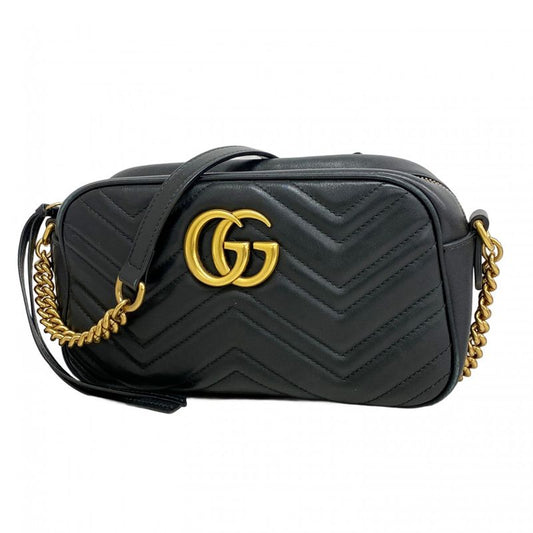 Gucci Shoulder Bag GG Marmont 447632 Leather Black Gold Hardware Women