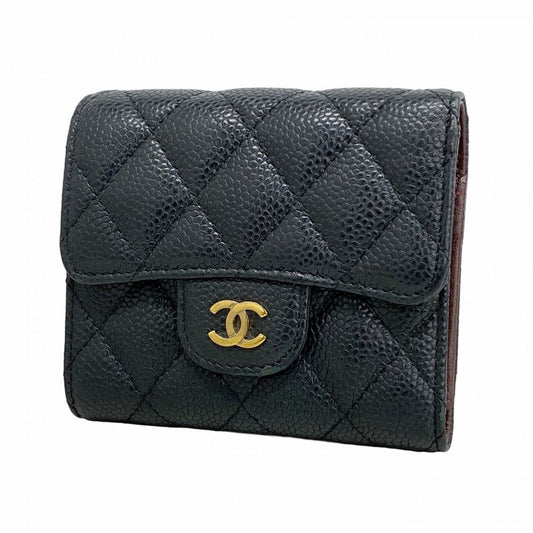 Chanel Trifold Wallet Matelasse Caviar Skin Black Gold Hardware Women