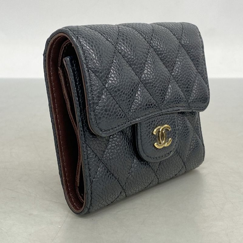 Chanel Trifold Wallet Matelasse Caviar Skin Black Gold Hardware Women