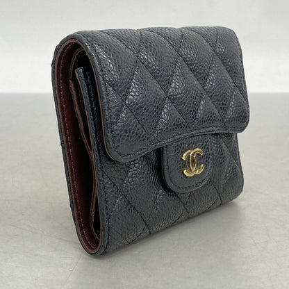 Chanel Trifold Wallet Matelasse Caviar Skin Black Gold Hardware Women