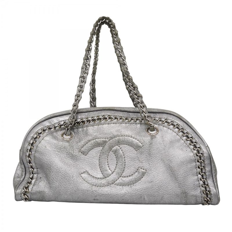 Chanel Shoulder Bag Luxury Leather Gray Silver Hardware Women