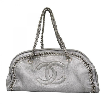 Chanel Shoulder Bag Luxury Leather Gray Silver Hardware Women