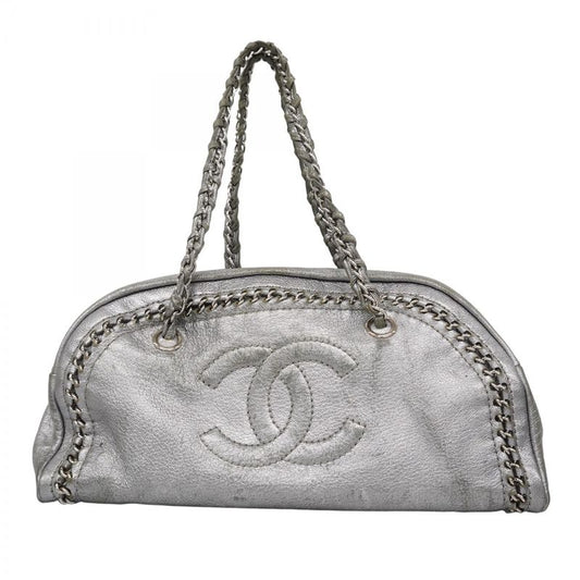 Chanel Shoulder Bag Luxury Leather Gray Silver Hardware Women