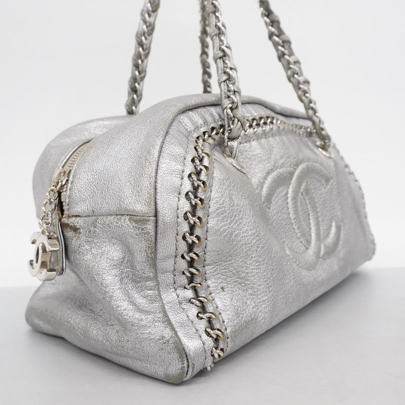 Chanel Shoulder Bag Luxury Leather Gray Silver Hardware Women