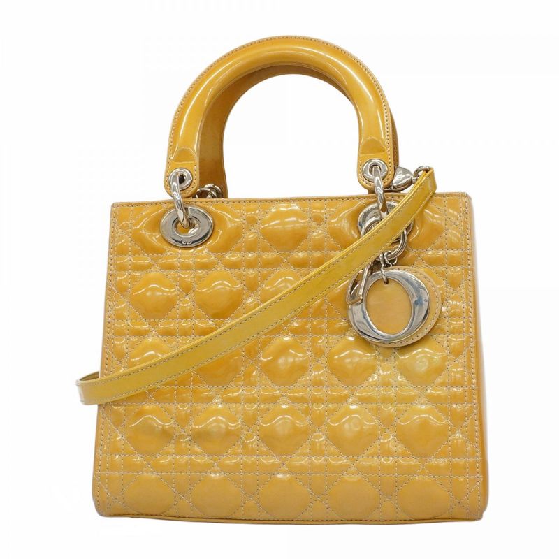 Christian Dior Handbag Canage Lady Dior Enamel Beige Silver Hardware 2way Bag