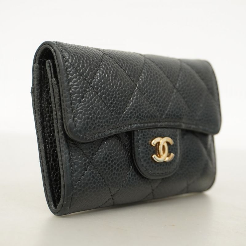 Chanel Business Card Holder Matelasse Caviar Skin Black Gold Hardware Women
