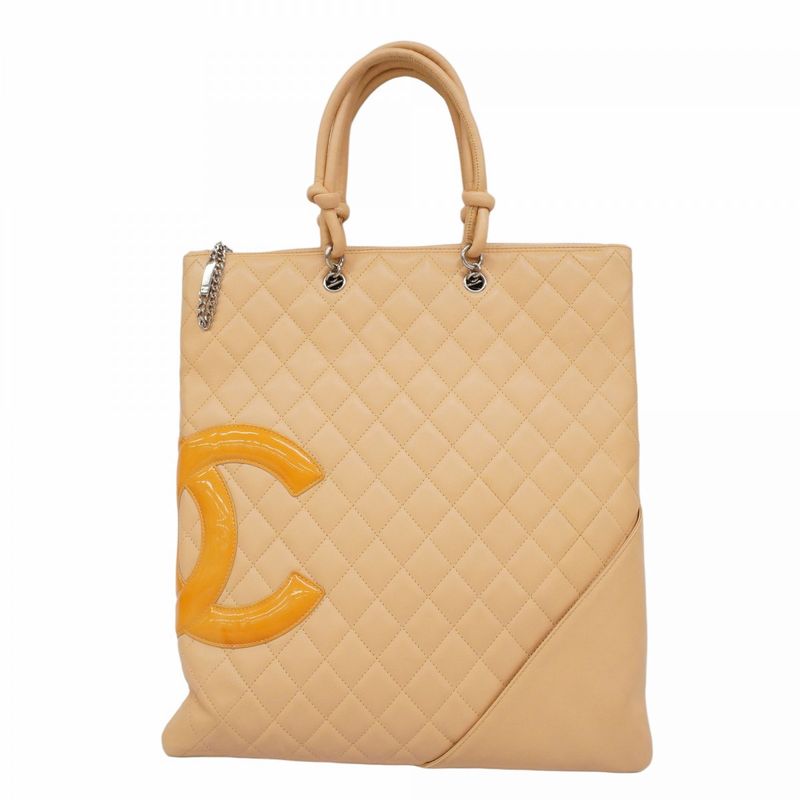 Chanel Tote Bag Cambon Lambskin Beige Silver Hardware Women