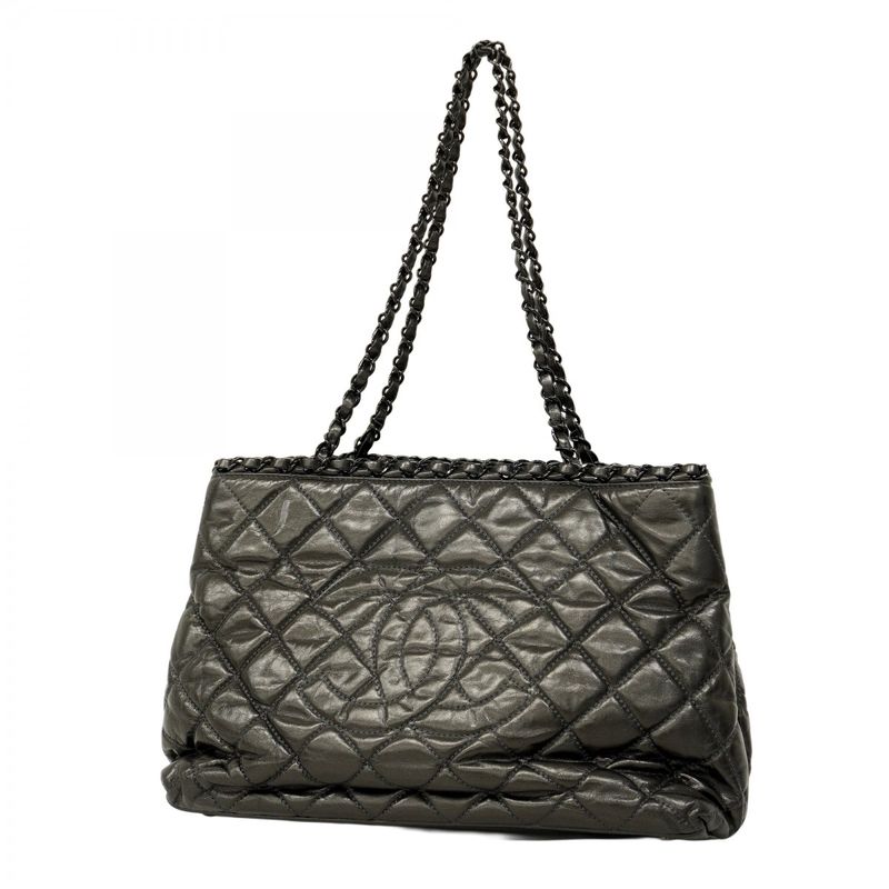 Chanel Shoulder Bag Matelasse Calfskin Black Silver Hardware Women