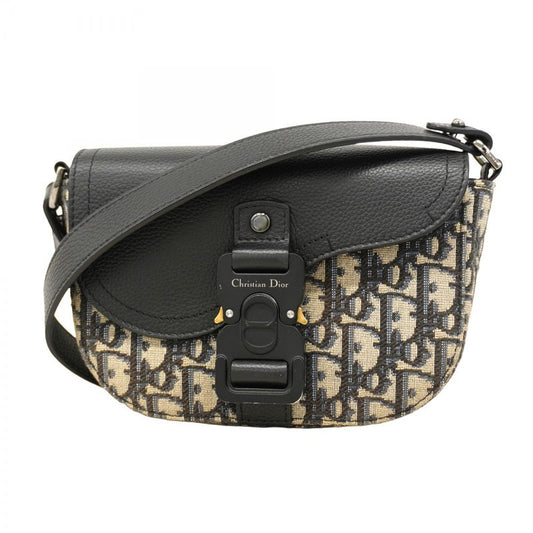 Christian Dior Shoulder Bag Oblique Saddle Canvas Leather Black Navy Gold/silver