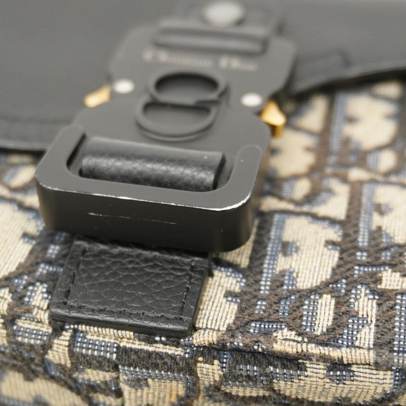 Christian Dior Shoulder Bag Oblique Saddle Canvas Leather Black Navy Gold/silver