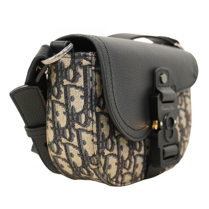 Christian Dior Shoulder Bag Oblique Saddle Canvas Leather Black Navy Gold/silver