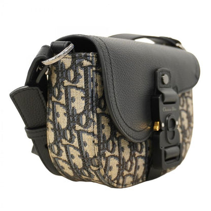 Christian Dior Shoulder Bag Oblique Saddle Canvas Leather Black Navy Gold/silver