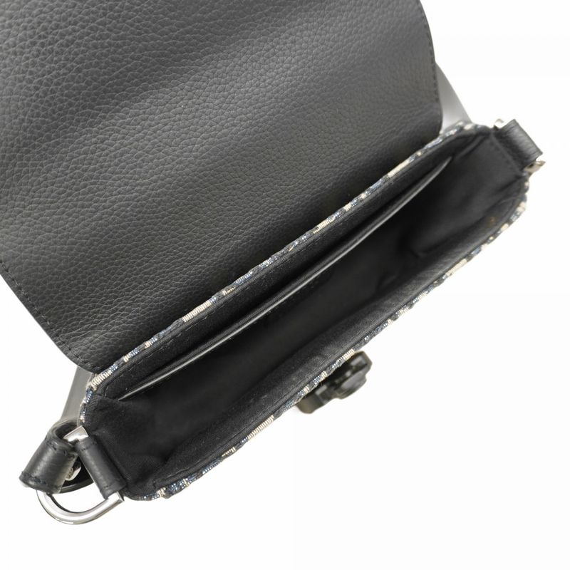 Christian Dior Shoulder Bag Oblique Saddle Canvas Leather Black Navy Gold/silver