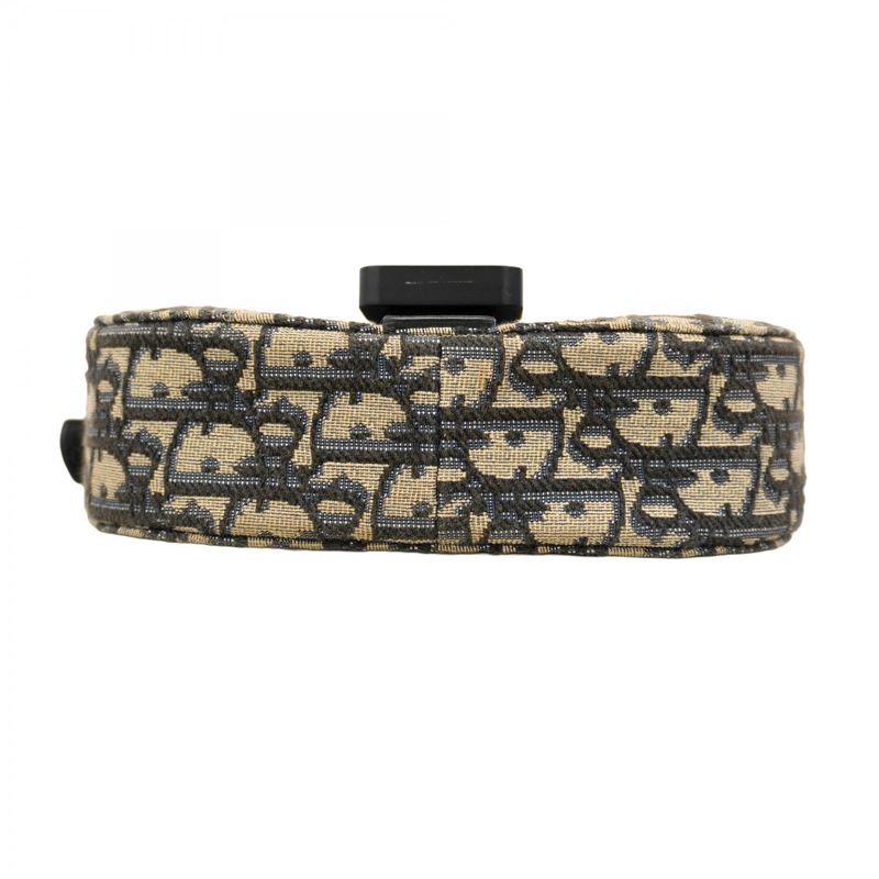 Christian Dior Shoulder Bag Oblique Saddle Canvas Leather Black Navy Gold/silver