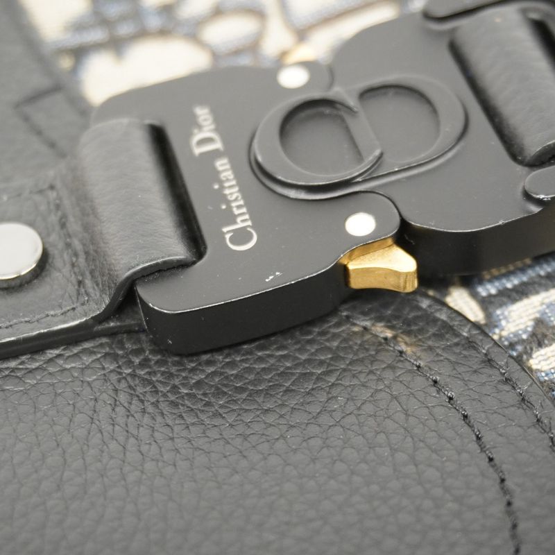 Christian Dior Shoulder Bag Oblique Saddle Canvas Leather Black Navy Gold/silver