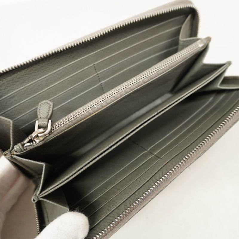Prada Long Wallet Saffiano Leather Gray Silver Hardware Men Women Unisex