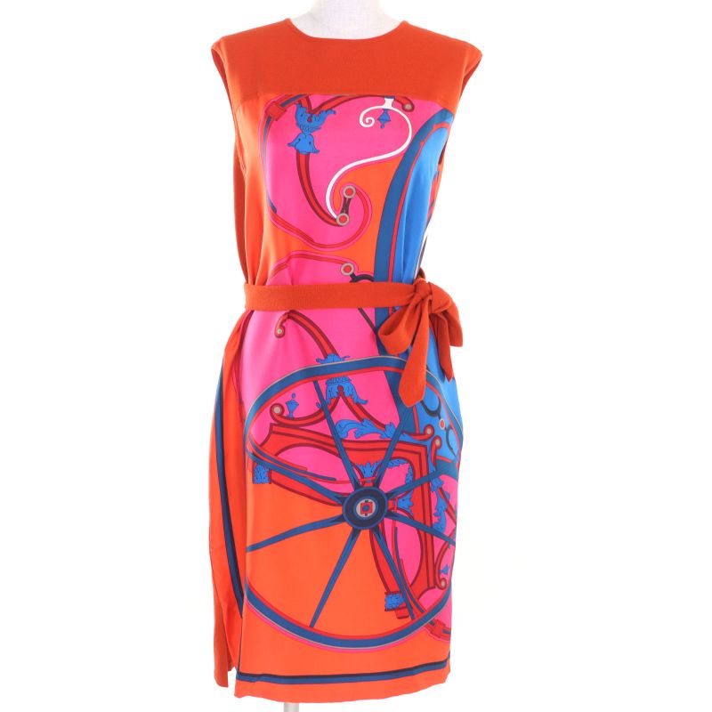 Hermes 100% Wool Silk Switching Twillene Sleeveless Dress With Belt Orange