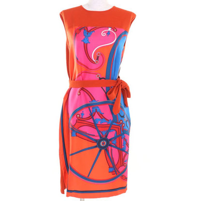 Hermes 100% Wool Silk Switching Twillene Sleeveless Dress With Belt Orange