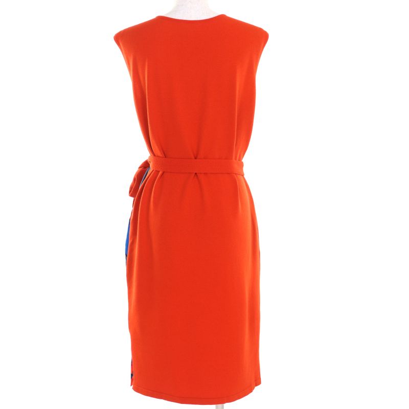 Hermes 100% Wool Silk Switching Twillene Sleeveless Dress With Belt Orange
