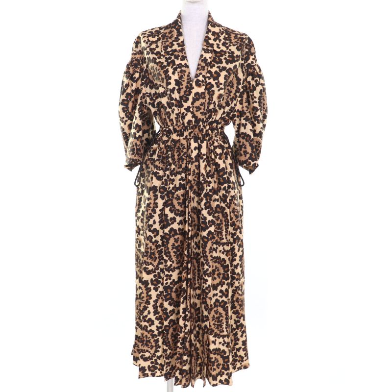 Fendi 2020 Fda928 100% Wool Waist Shape Leopard Pattern Seventh Sleeve Dress